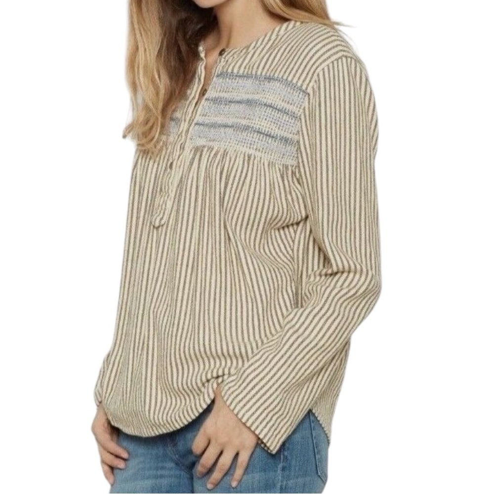 Current Elliott The Retreat Striped Atlas Long Sleeve Henley in Natural Size 1 - Picture 2 of 8